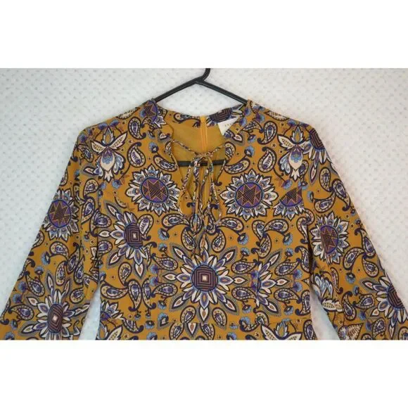 Everly Anthro Women's Small Gold Fit & Flare Long Sleeve Paisley Print Dress - Picture 2 of 16